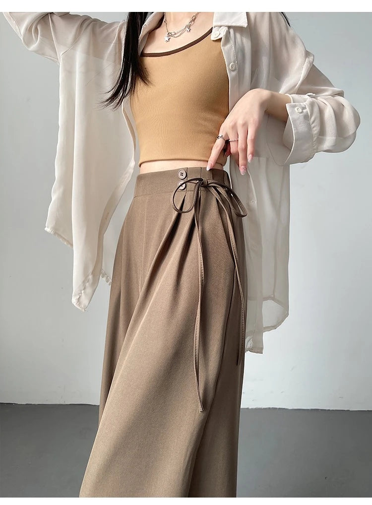 LIZAKOSHT  -  New Spring Summer Buttons High Waist Wide Leg Pants for Women High Waist Lace-up Straight Loose Full Length Trousers Female