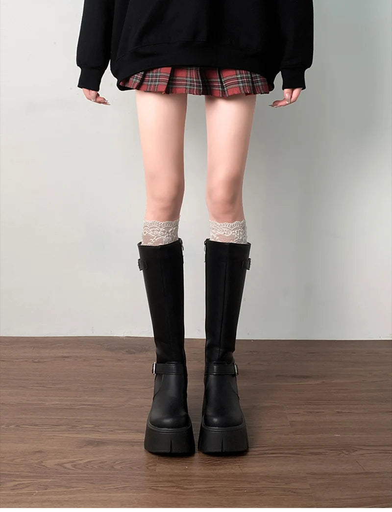 LIZAKOSHT  -  Platform Wedges Heel Women High Boots Fashion Belt Buckle Slim Long Booties Autumn Winter Women's Knight Botas Altas