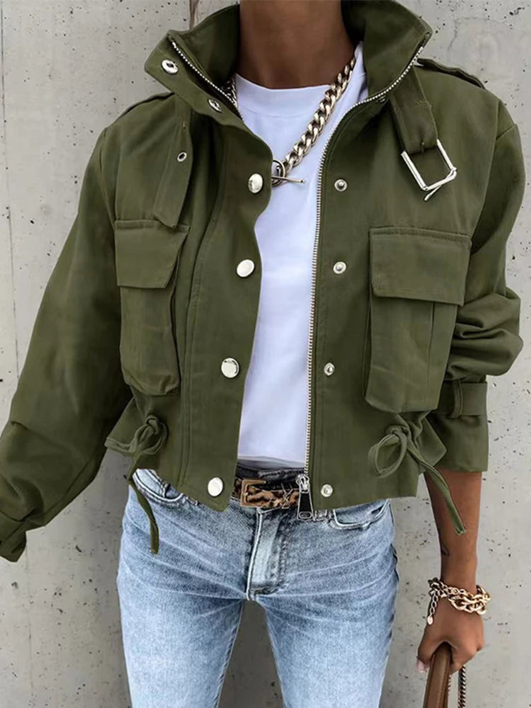 LIZAKOSHT  -  Stand Collar Jacket Woman Loose Coat Short Top Street Epaulet Long Sleeve Zipper Button Cropped Autumn Ladies New Outerwears