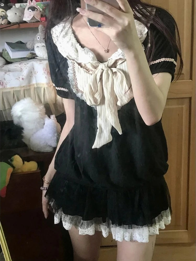 LIZAKOSHT  -  2000s Japan Style Kawaii Lolita Slim Dress Y2k Harajuku Vintage Sweet Summer Short Party Dress Lace Bow Patchwork Mini Dress