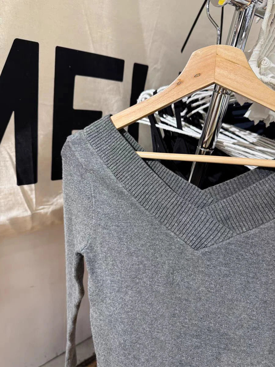 LIZAKOSHT  -  Grey Double V-neck Sweater Woman Spring Long Sleeve Cotton Slim Knitwear Female Casual Vintage Simple Solid All-match Jumpers