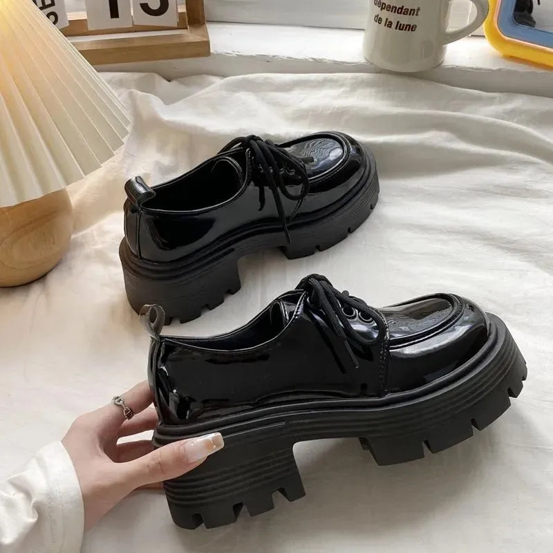 LIZAKOSHT  -  Autumn Women Black Platform Basic Mary Jane Shoes Flats Clogs Prepppy Style Leather Shoes British Style Lace Up Pumps Shoes