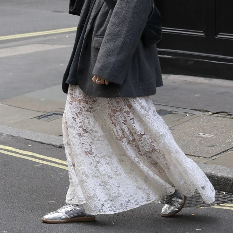 LIZAKOSHT  -  Y2k Vintage Floral See-Through Maxi Skirt Aesthetic Clothes Lace Sheer A-Line Skirt Women High Street Beach Vacation