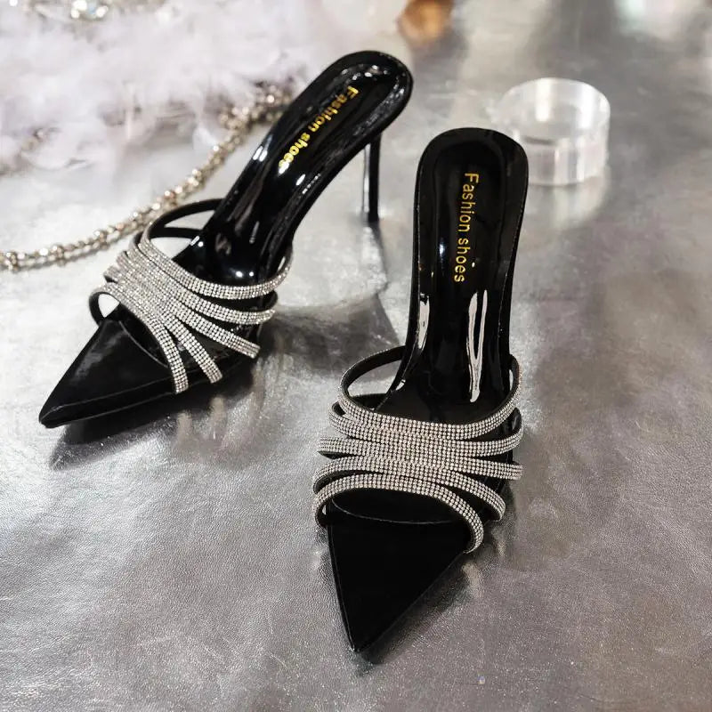 LIZAKOSHT  -  Luxury Glitter Strap Narrow Band Slides Women Summer Sexy Pointed Toe Super High Slippers Fashion Thin Heel Dress Party Sandals