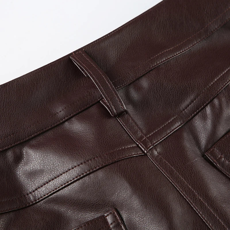 LIZAKOSHT  -  Vintage Lace Up Design Low Waist Mini Shorts Gothic Streetwear Sexy Slim Fit Brown PU Leather Pants for Women Y2k Chic