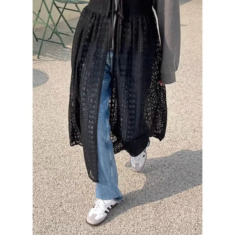 LIZAKOSHT  -  Korean Jacquard Hollow Lace-up Sexy Sling Dress Women 2024 Summer New Streetwear Solid Color All Match Mid-length Dress