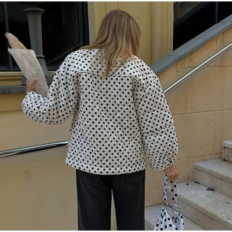 LIZAKOSHT  -  Polka Dot Cotton Jacket Women Long Sleeve O-neck Thicken Warm Autumn Female Coat Lined Winter Casual Street Outwear Top