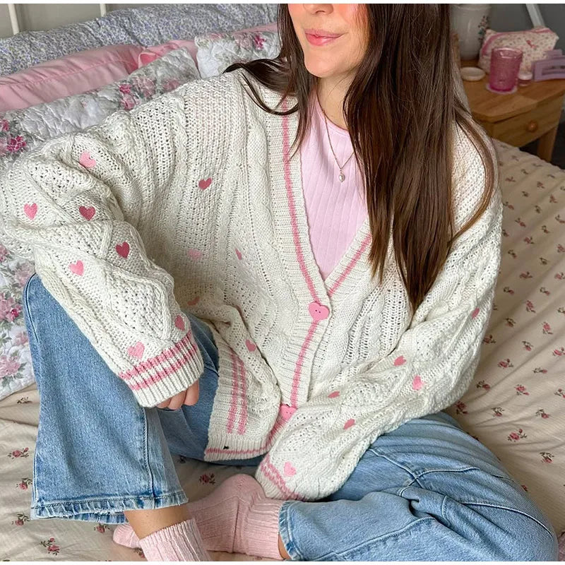 LIZAKOSHT  -  Love Sweater Knitted Cardigan Female V-Neck Long Sleeves Loose Single Breasted Top Chic Casual Women's New Versatile Cardigans