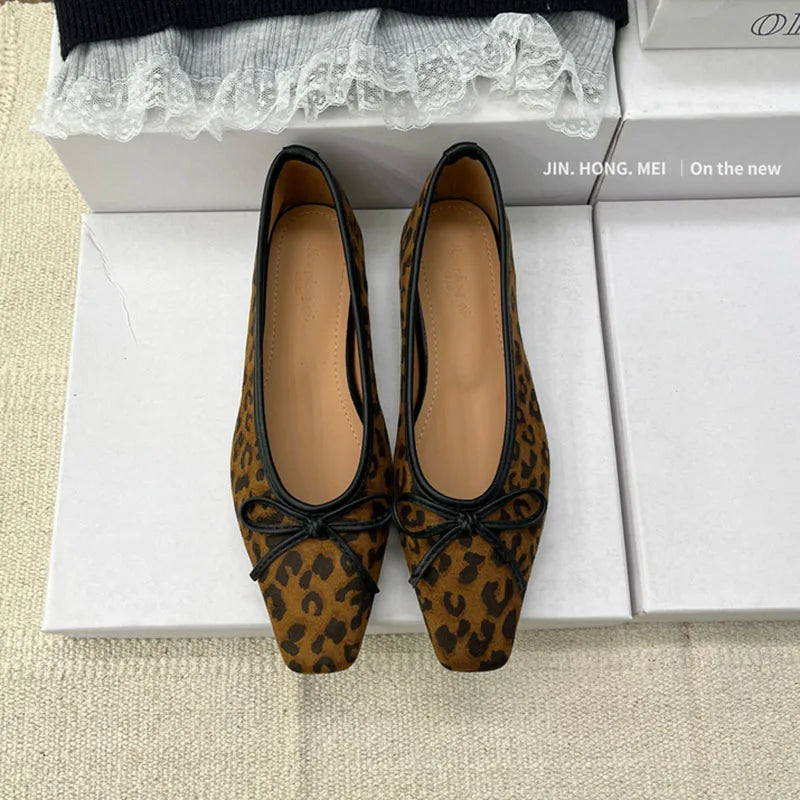LIZAKOSHT  -  Female Flats Shoes Women Classics Casual Loafer Fashion Square Toe Soft Heel Design Bow Knot 2025 Spring Leopard Print Ballerina