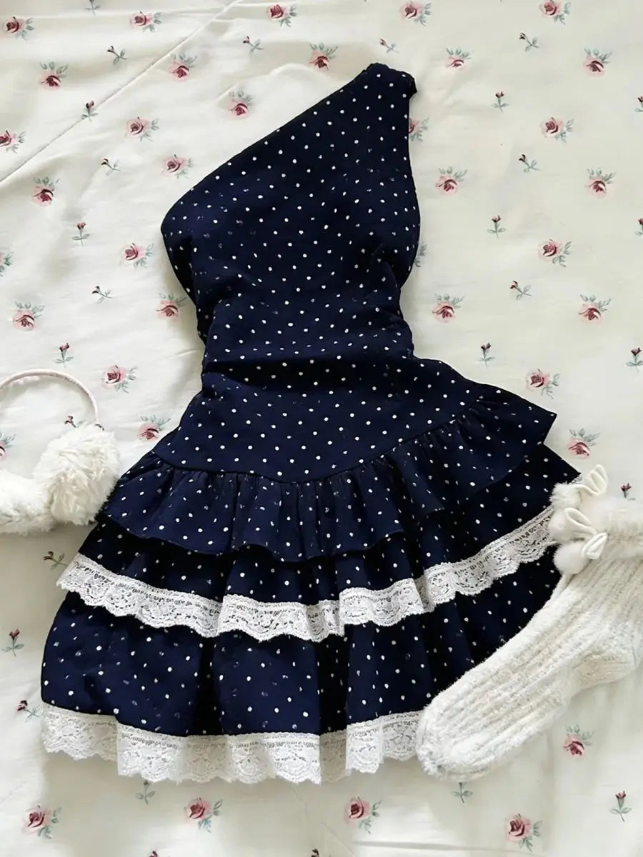 LIZAKOSHT  -  Sexy Polka Dot Dresses Y2k Woman Clothes Punk Lace Slim Short Skirt vintage Off-Shoulder High Street Sweet Basics Elegant Dress