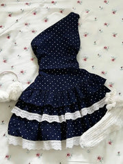 LIZAKOSHT  -  Sexy Polka Dot Dresses Y2k Woman Clothes Punk Lace Slim Short Skirt vintage Off-Shoulder High Street Sweet Basics Elegant Dress