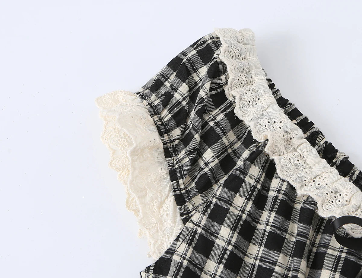 LIZAKOSHT  -  Summer Women Plaid Spliced Lace Bow O Collar Elastic Strap Tank Top Slim Corset Wood ears Slim Waist Elastic Back Crop Vest