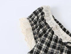 LIZAKOSHT  -  Summer Women Plaid Spliced Lace Bow O Collar Elastic Strap Tank Top Slim Corset Wood ears Slim Waist Elastic Back Crop Vest