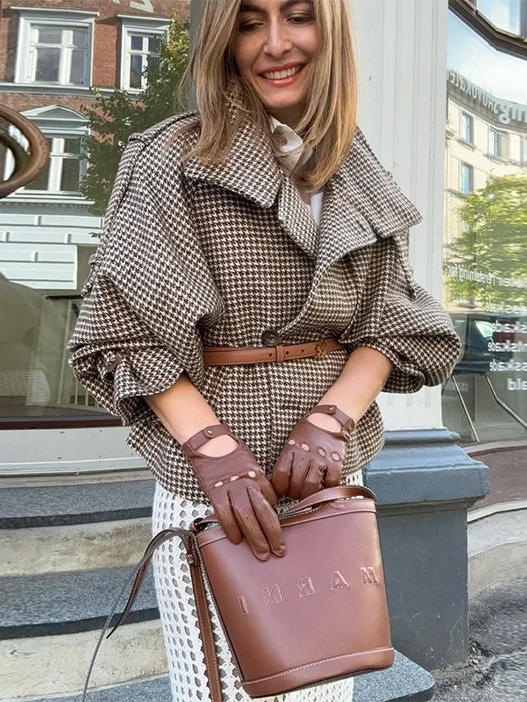 LIZAKOSHT  -  Vintage Women Stand Collar Plaid Coat Long Sleeve Double Button Pockets Thick Cropped Jacket 2025 Autumn Winter Lady Outwear