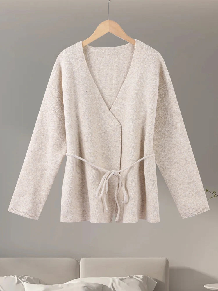 LIZAKOSHT  -  Casual Knit Cardigan Women Loose V Neck Long Sleeves Lace Up Sweater Coats Female 2025 Autumn Winter Solid Soft Chic Knitwears