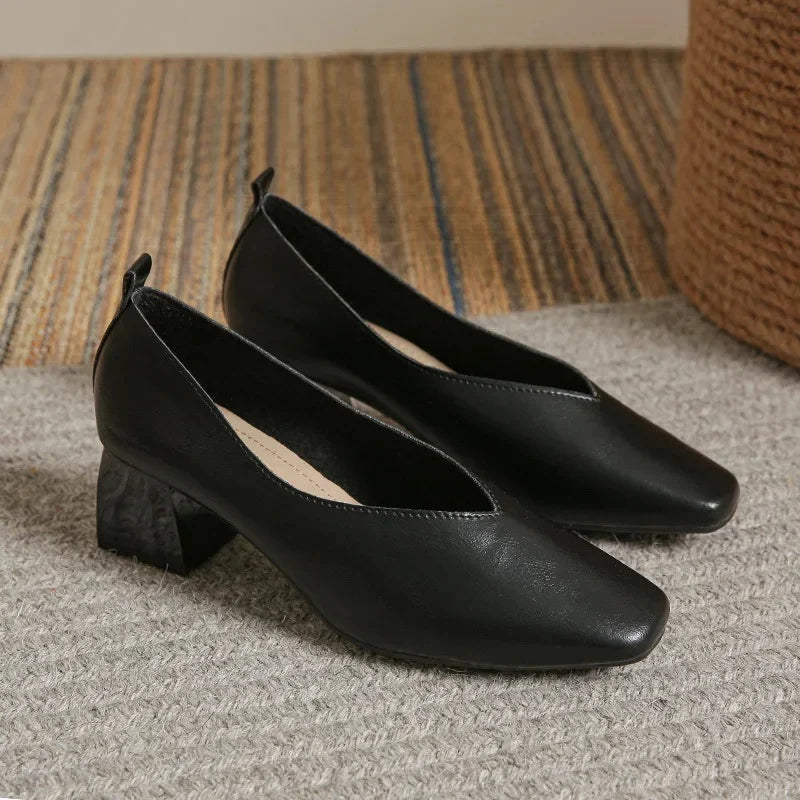 LIZAKOSHT  -  Women's Genuine Leather Shoes Soft Bottom Slip-On High Heels Spring Summer Season Square Head Versatile Mid Heel Casual Shoes