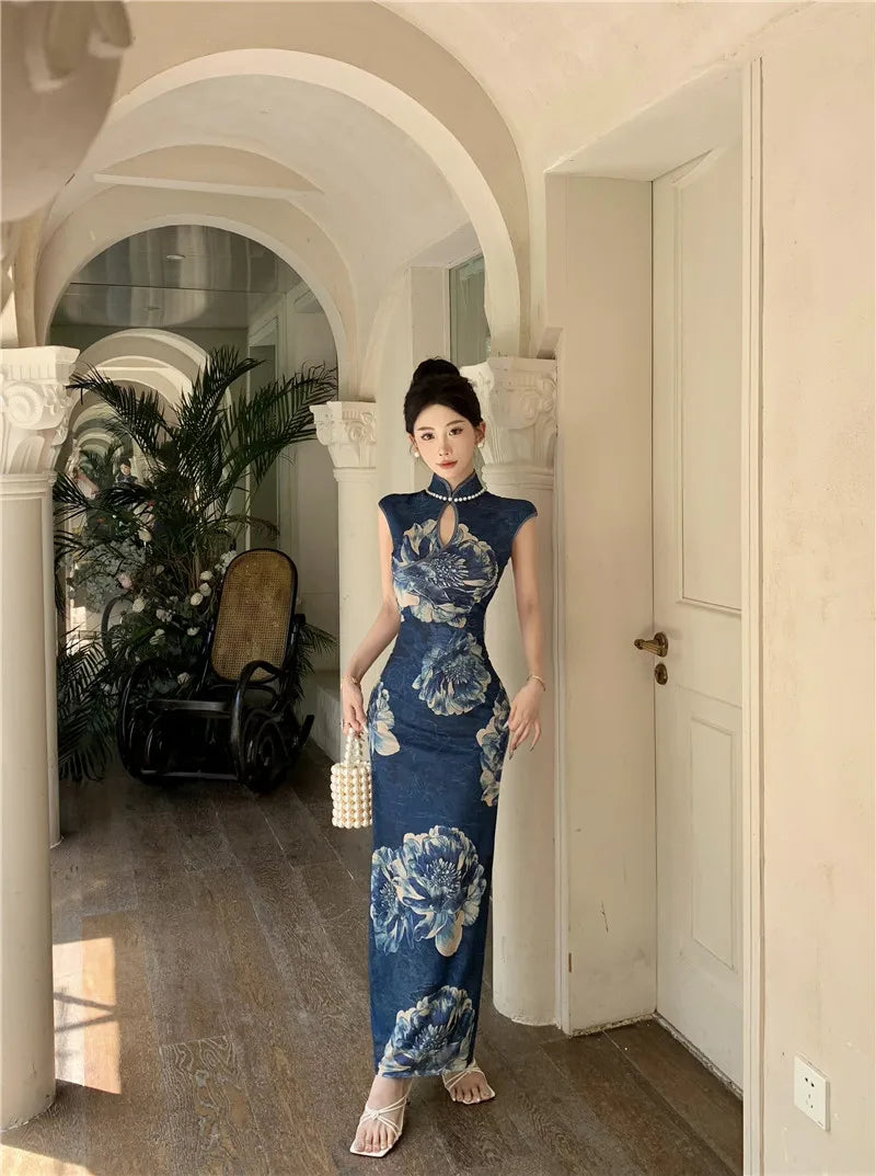 LIZAKOSHT  -  Retro Fashion Pearl Women's Skirt Slim Fit Printed High Quality Slimming  Dress Korean Style Stand Collar Wrap around