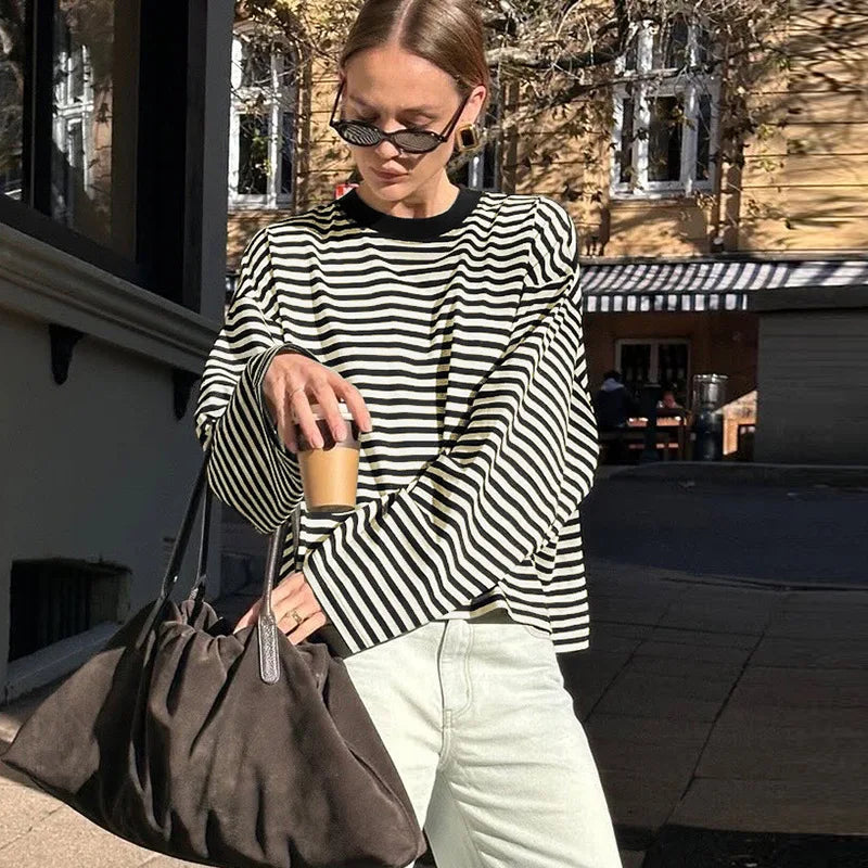 LIZAKOSHT  -  Casual Striped T-shirts for Women 2025 Autumn O-neck Long Sleeve Loose Tops Tees Female Contrast Color T Shirt Streetwear