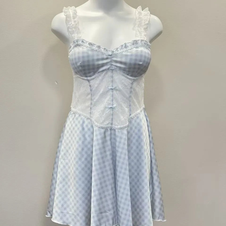 LIZAKOSHT  -  Sweet Heart Nightgowns Plaid Nightdress College Style Summer Sexy Nightgowns Spice Wide Edge Lace Dress Waist Skinny Nightgowns