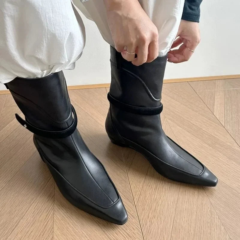 LIZAKOSHT  -  Winter New Suede Ankle Boots Women Fashion Retro Pointed Toe Belt Buckle Design Wedge Cowboy Boots Botines Para Mujeres