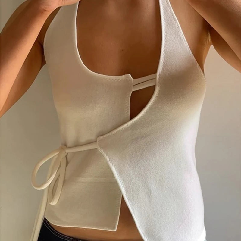 LIZAKOSHT  -  Summer Hot Sexy Halter Backless Asymmetrial Lace Up Solid Crop Top Low Cut Club Streetwear Camisole 2025
