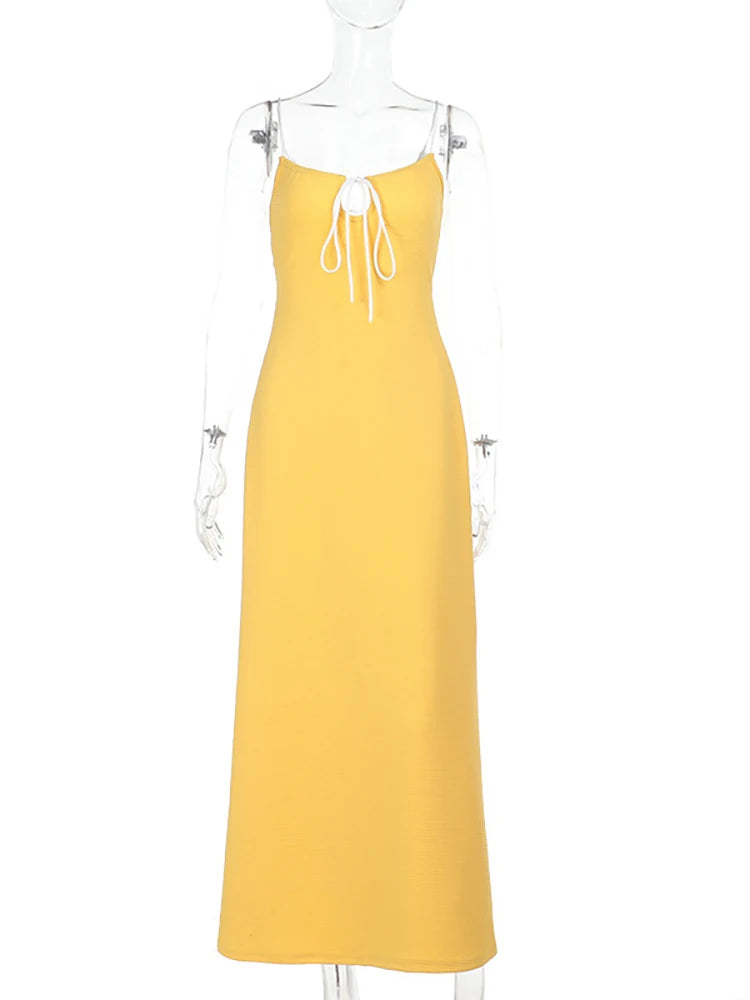 LIZAKOSHT  -  Knitted Sexy Backless Bandage Women Dress Yellow Spaghetti Strap Evening Dress Spring Slim Elegant Vacation Beachwear