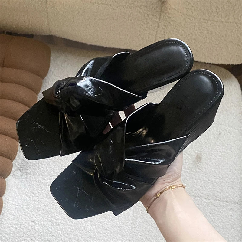 LIZAKOSHT  -  New Fashion Pleated Square Toe Women Slippers Design Style Wedges High Heels Shoes Summer