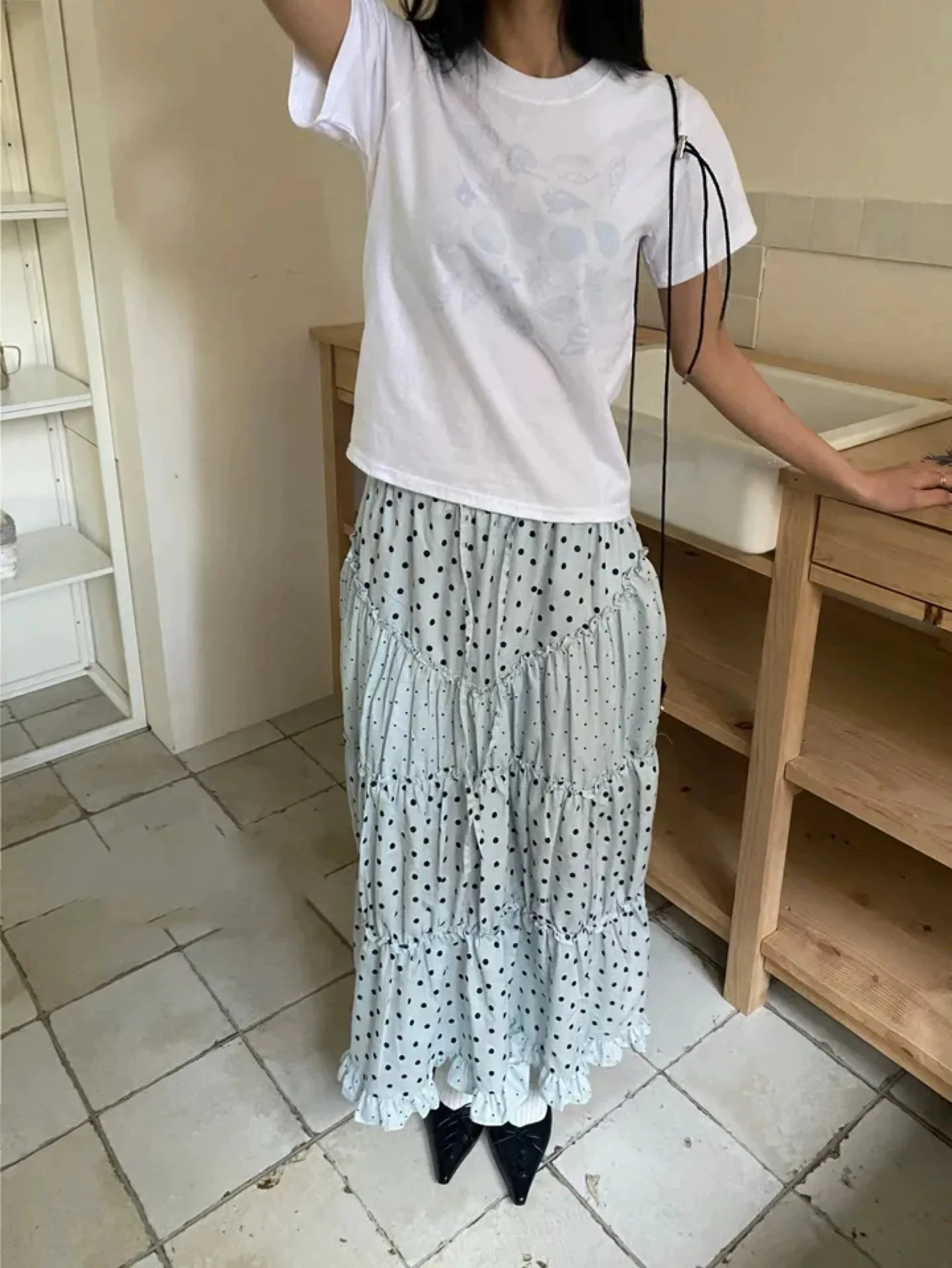 LIZAKOSHT  -  Mint Green Polka Dot Half Skirt with Lace Splicing Retro  Style Korean Waist Design Polyester Fabric H-Shape Long Skirt