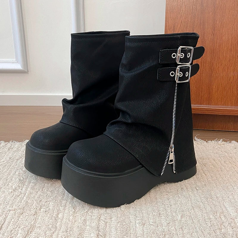 LIZAKOSHT  -  Autumn Winter Chunky Thick Sole Women Pipe Ankle Boots Designer Belt Buckle Platform Heel Shoes Modern Short Botas Para Mujer