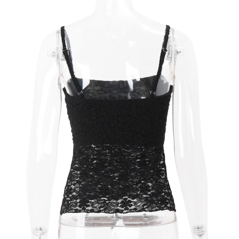 LIZAKOSHT  -  Lace See Through Sexy Split Fashion Solid Spaghetti Strap Tops Y2K Summer Sweet Cute Daily Streetwear All-match Camis