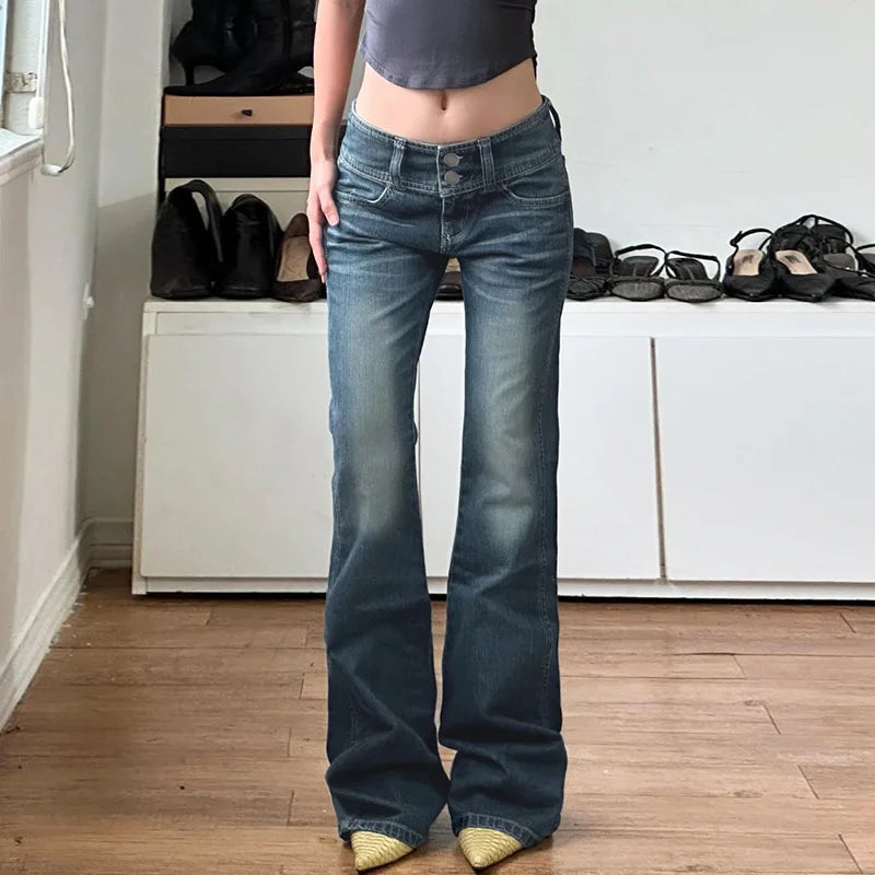 LIZAKOSHT  -  Personality street vintage low-rise jeans breasted slim trousers straight loose women's wide-leg pants