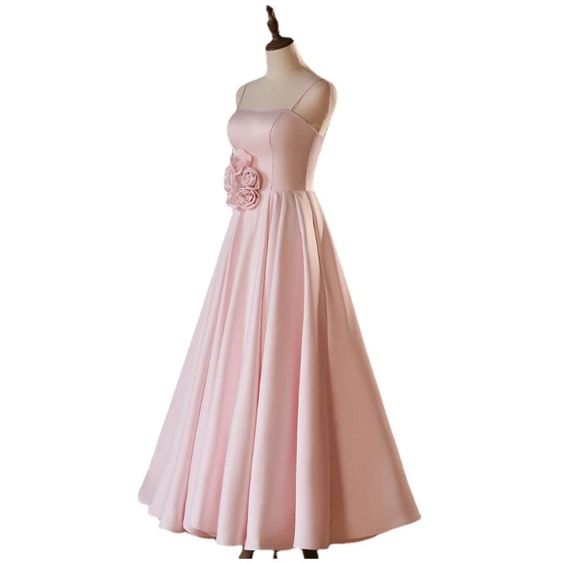 LIZAKOSHT -  Princess Pink A-line Pleated 3D Flowers Formal Prom Gown with Spaghetti Straps Sleeveless Women's Dresses Vestidos