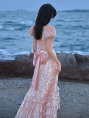 LIZAKOSHT  -  Sweet Pink Celebrity Dresses V-neck Pearl Floral Puff Sleeve A-line Sequins Detachable Bow Quinceanera Evening Prom Formal Gowns