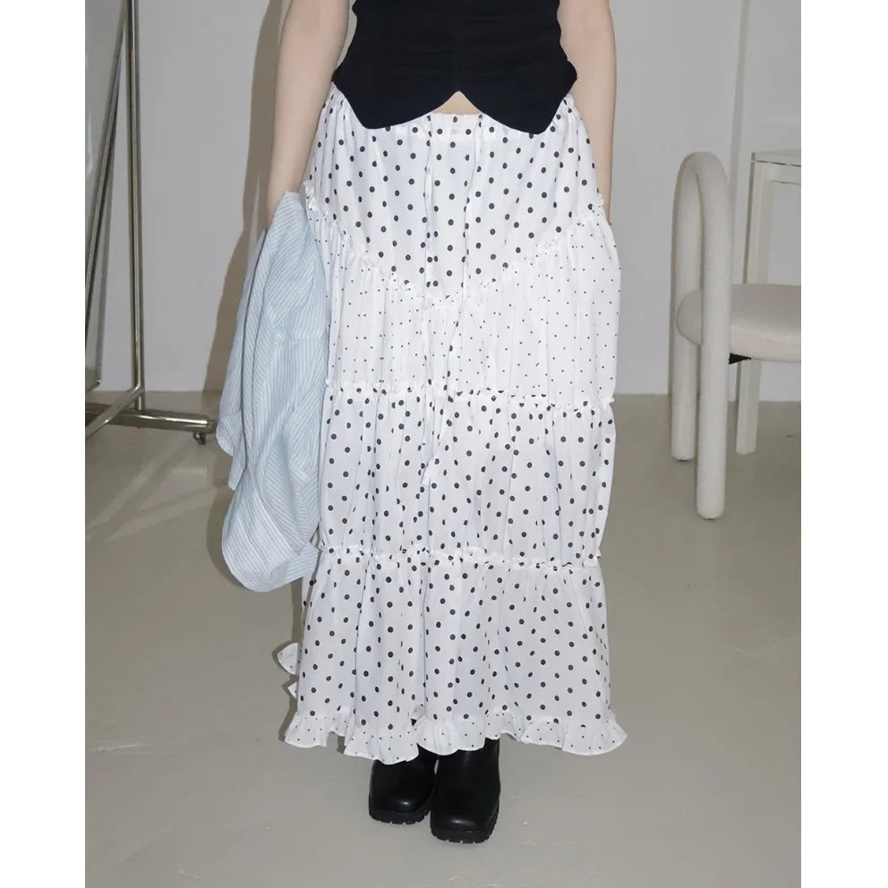LIZAKOSHT  -  Mint Green Polka Dot Half Skirt with Lace Splicing Retro  Style Korean Waist Design Polyester Fabric H-Shape Long Skirt