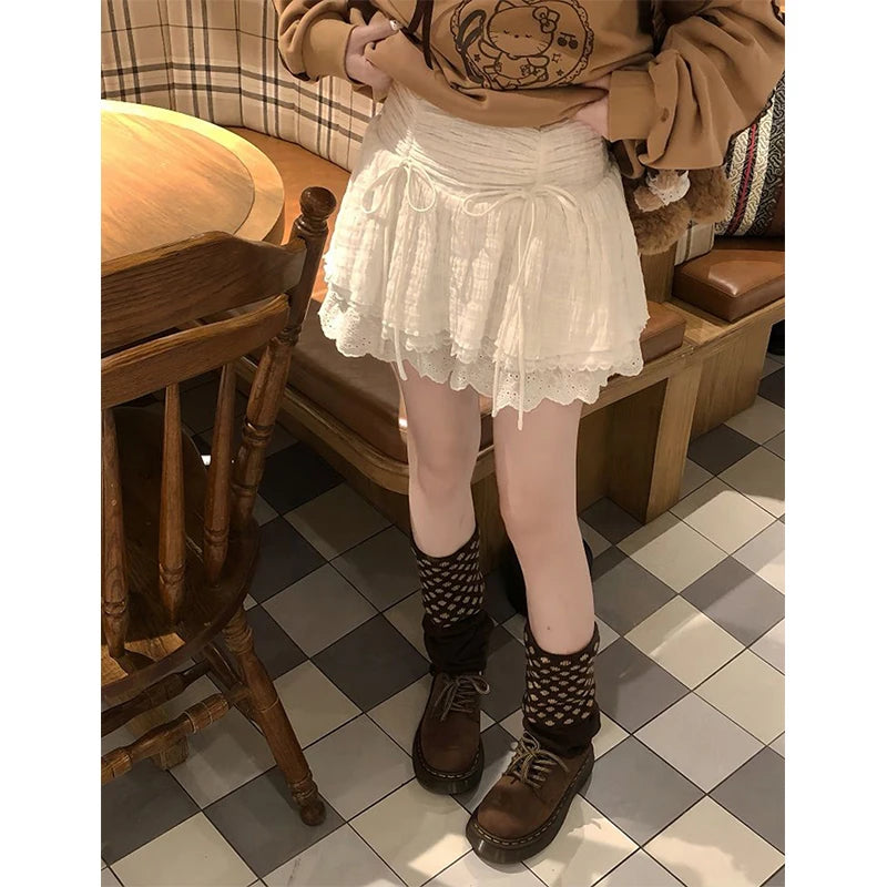 LIZAKOSHT  -  Kawaii Bow White Mini Skirt Women Japanese Cute Lace Patchwork Skirts Summer Harajuku Korean Ruffles Chic A Line Faldas