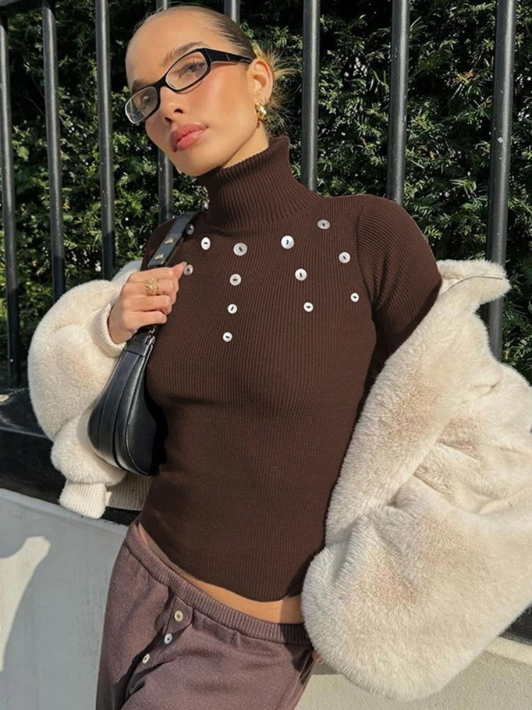 LIZAKOSHT  -  Woman Clothes Ribbed T-shirt Fashion Casual Half High Collar Buttons Cropped Tops High Street Female Long Sleeve T Shirts