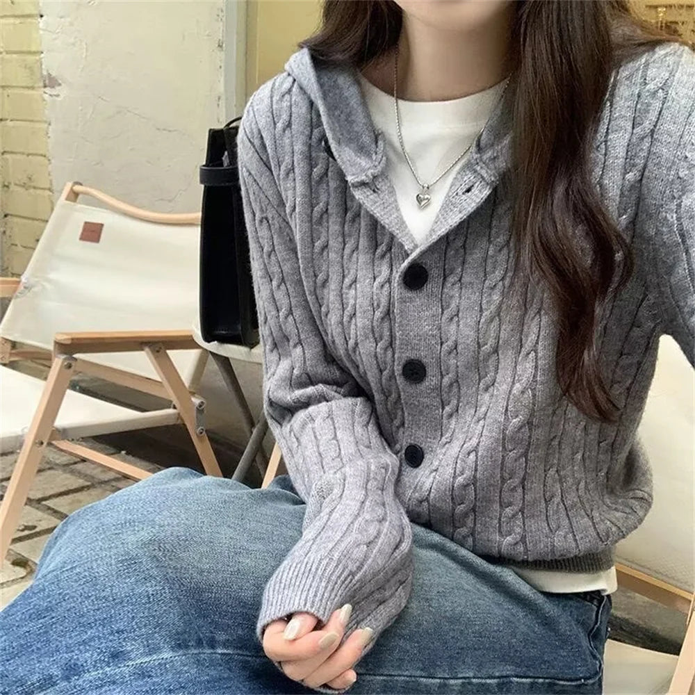 LIZAKOSHT  -  Gray Twist Knitted Cardigan Jacket Women Autumn New Vintage All-Match Hooded Sweater Coat Fashion Single Breasted Hoodies Woman
