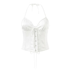 LIZAKOSHT  -  Sexy White Satin Bow Halter V neck Open Hook Buttons Slim Tank Top Women Cross Lacing Up Bandage Back Backless Tee Summer Vest