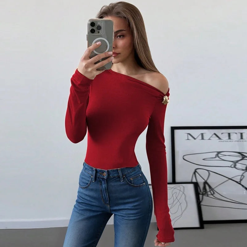 LIZAKOSHT  -  Oblique Shoulder Long Sleeve Tops For Women Metal Buckle Slim Fit Sexy Solid Color Bodycon Fashion BasicTop Streetwear
