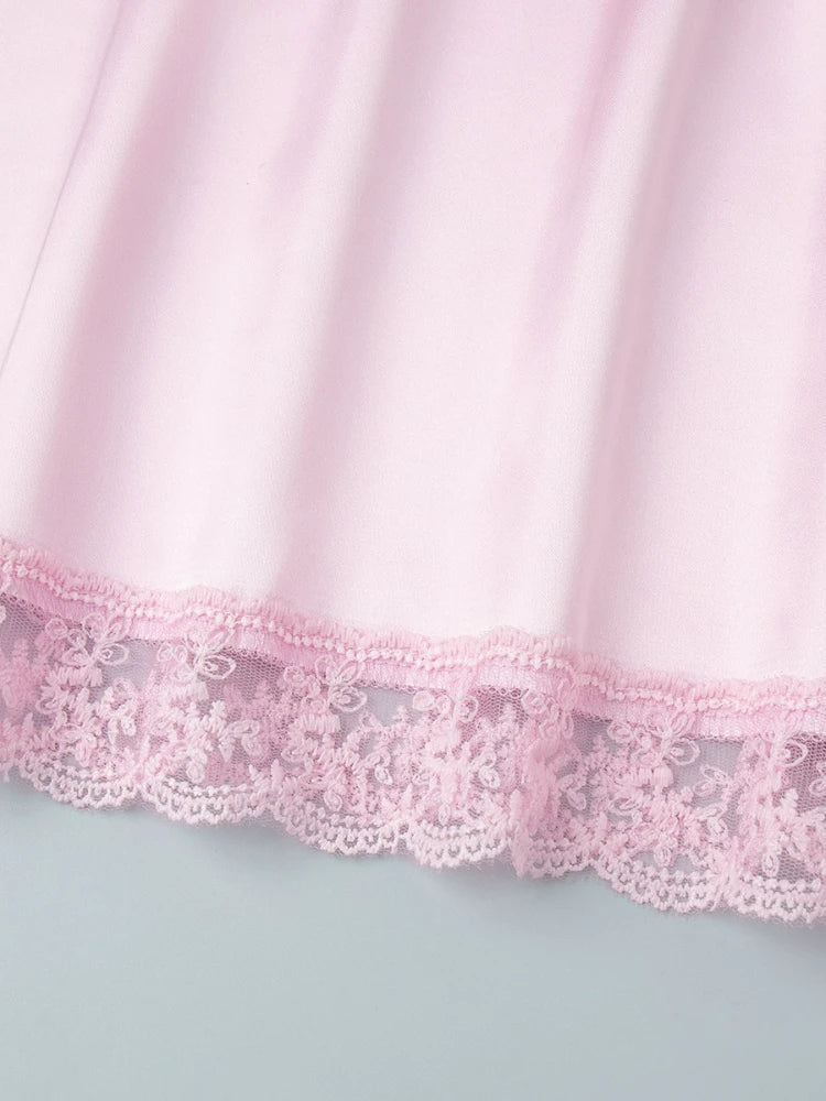 LIZAKOSHT  -  New Chic Lace Patchwork Pink Skirts Women's Summer Zip-up Slim Satin Skirt Female Casual Short Dress Y2K Streetwear