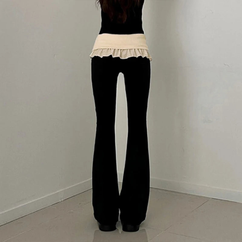 LIZAKOSHT  -  Y2K Cute Casual Skinny Ruffles Pleated Design High Waisted Knitting Flare Pants Contrasting Color Bottoms Hottie Streetwear