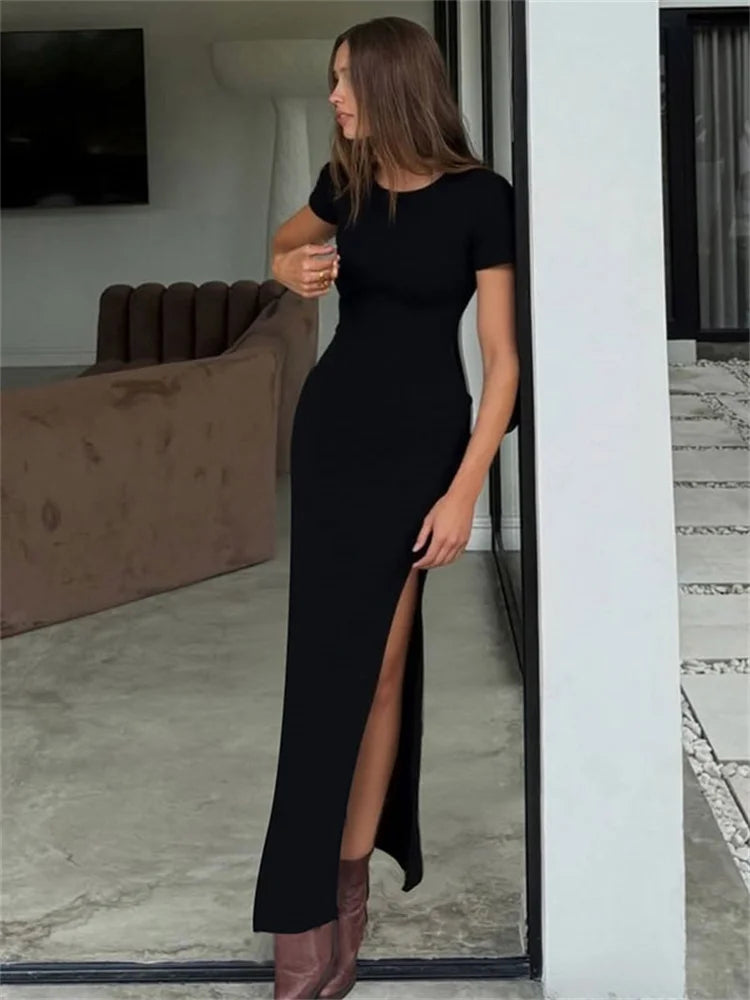 LIZAKOSHT  -  Summer Black Fashion Maxi Dress For Women High Waist Short Sleeve Side Split Sexy Party Dress Gown Female Bodycon Dress