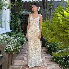 LIZAKOSHT  -  Women's Floral Print Cami Dress Holiday Sleeveless Spaghetti Strap Long Dresses Beach Vacation Ladies Summer Vestidos