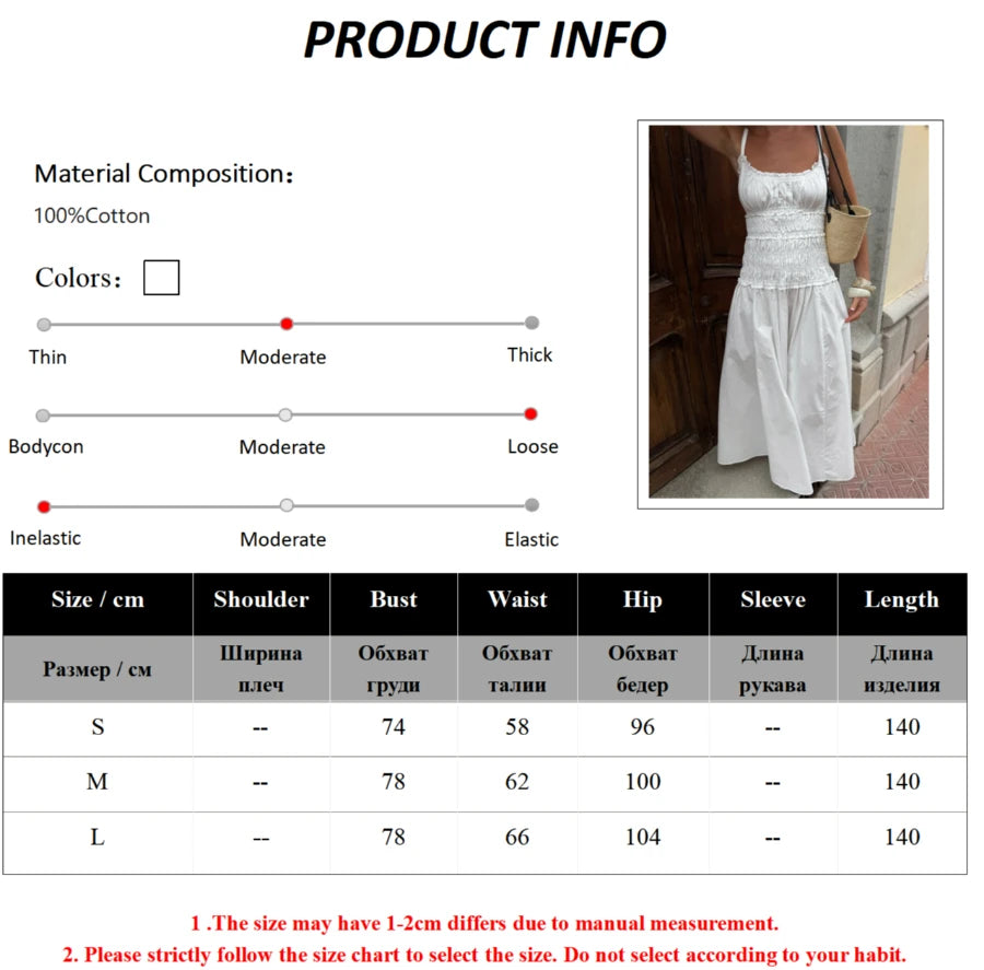 LIZAKOSHT  -  New 2026 Summer White Ruched Long Dresses Women's Spaghetti Strap Cotton Slim Fitted Waist Dress
