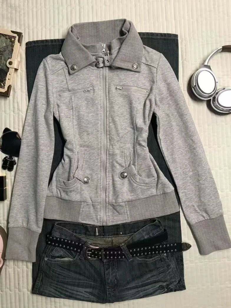 LIZAKOSHT  -  Vintage 90s Harajuku Aesthetic Streetwear Button Hooded Sweatshirts Grunge Stand Neck Jacket Y2k Casual Outfit Street Wear New