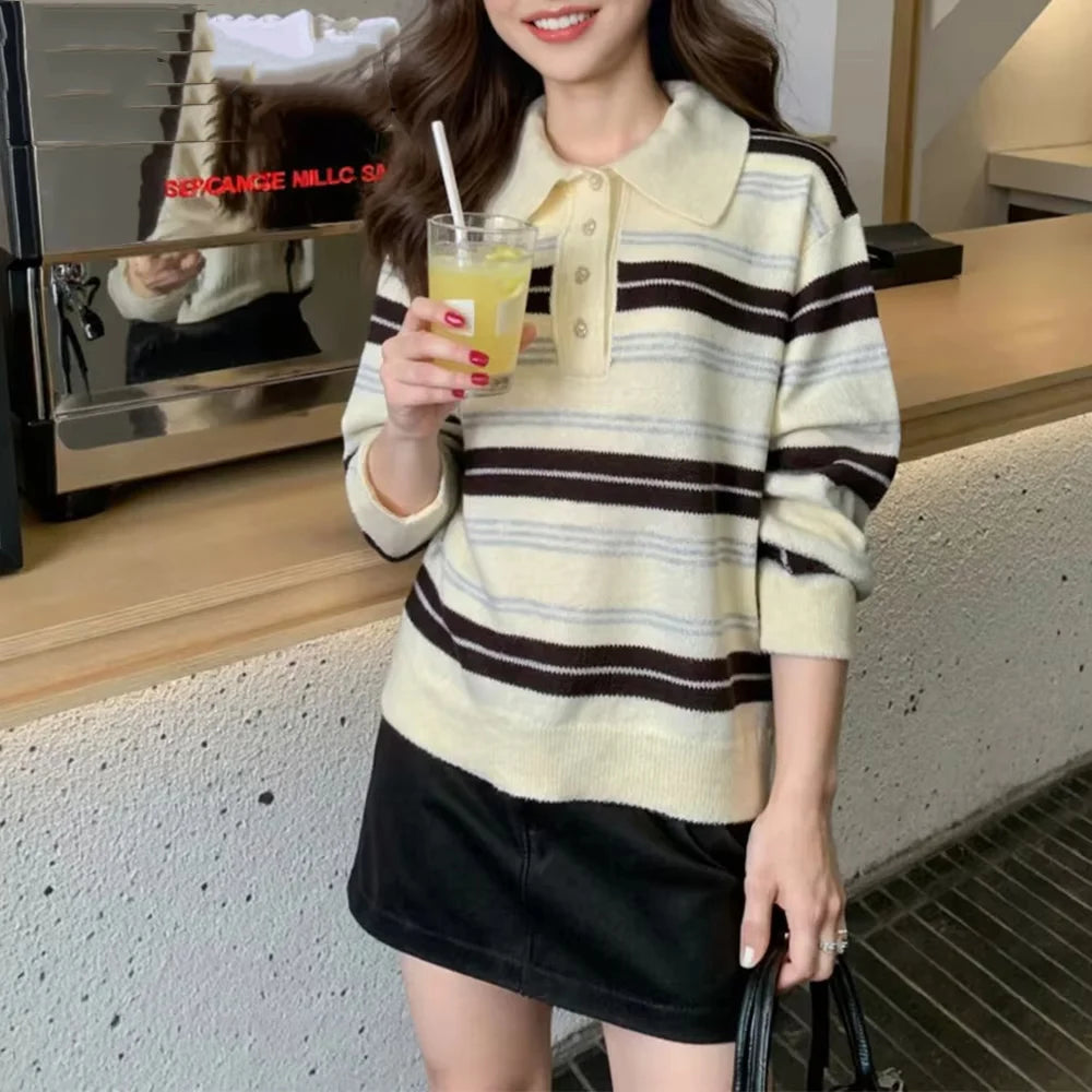 LIZAKOSHT  -  Fashion Knitted Striped Sweater Women 2025 New Autumn Vintage Loose Turndown Collar Pullover Casual Buttons Up Elegant Knitwear