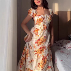 LIZAKOSHT  -  Floral Print Long Dress Women Y2K Square Neck Waist Cinching Spring European American Gentle Pastoral Style Maxi Dress