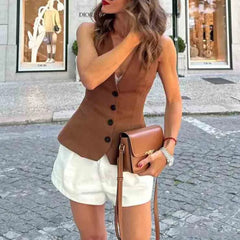 LIZAKOSHT  -  Fashion Slim Vest For Women Summer 2025 New Brown Single Breasted V-neck Sleeveless Waistcoat Sleeveless Office Casual Solid Top