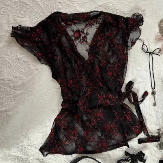 LIZAKOSHT  -  Sexy T-shirt Lace Y2k Clothes Slim Crop Top Goth Short Sleeve Punk Vintage Tees Hot Girl Sweet 2000s V-Neck Harajuku Emo Korean