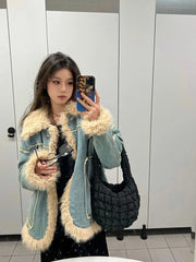 Lizakosht Harajuku Vintage Y2k Jackets Warm Thicken Downy Long Sleeve Design Denim Coats Winter Casual Loose All Match Women Clothing 2024